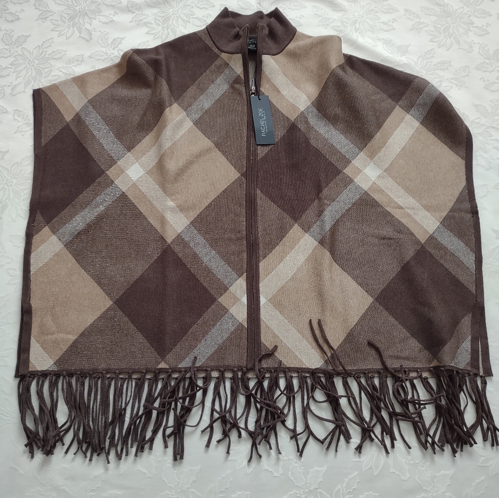 New 🎀 Fringe plaid sweater knit poncho zip front